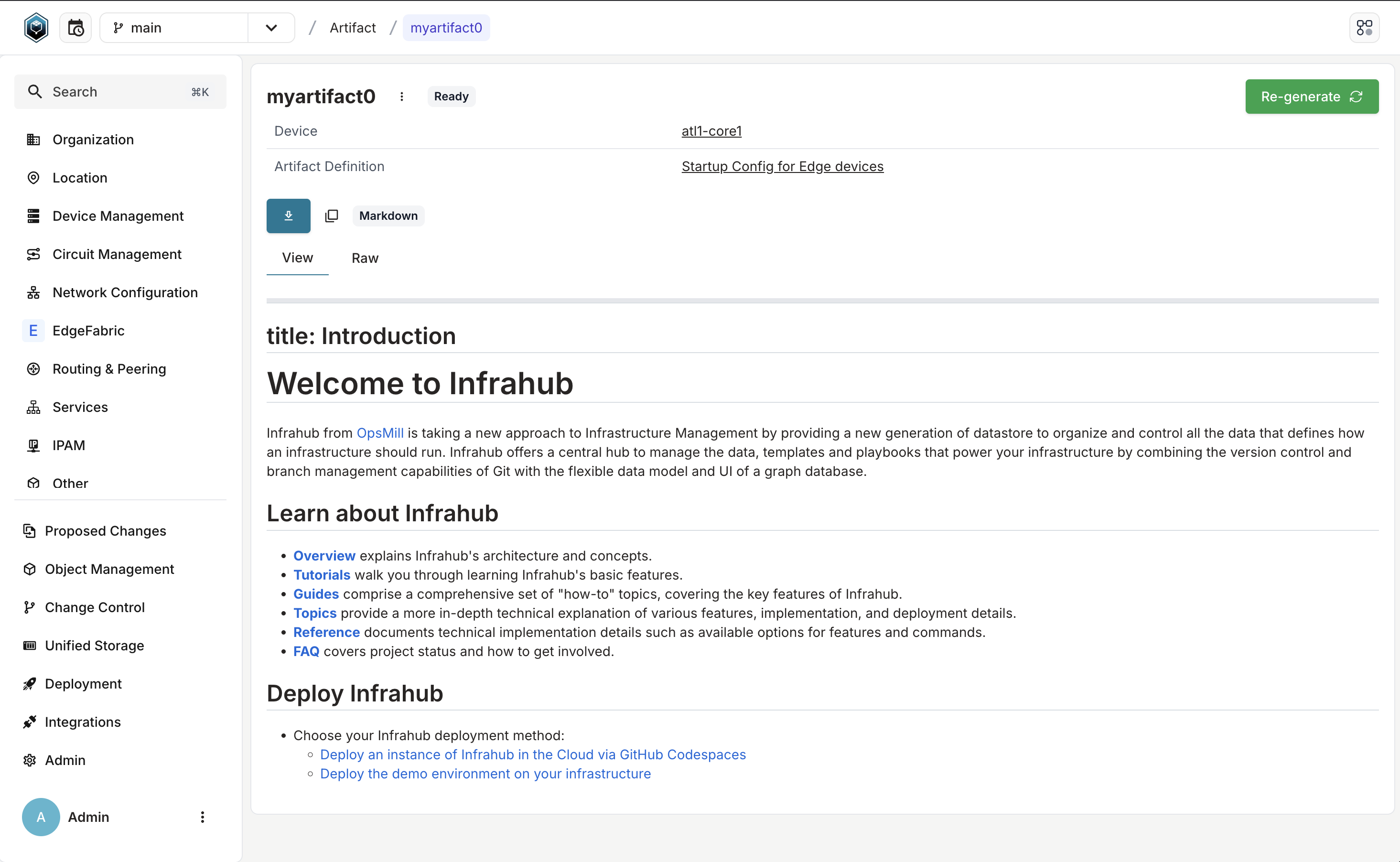 "Example screenshot of Infrahub 1.1.6 showing an Artifact of Markdown type rendered for preview."